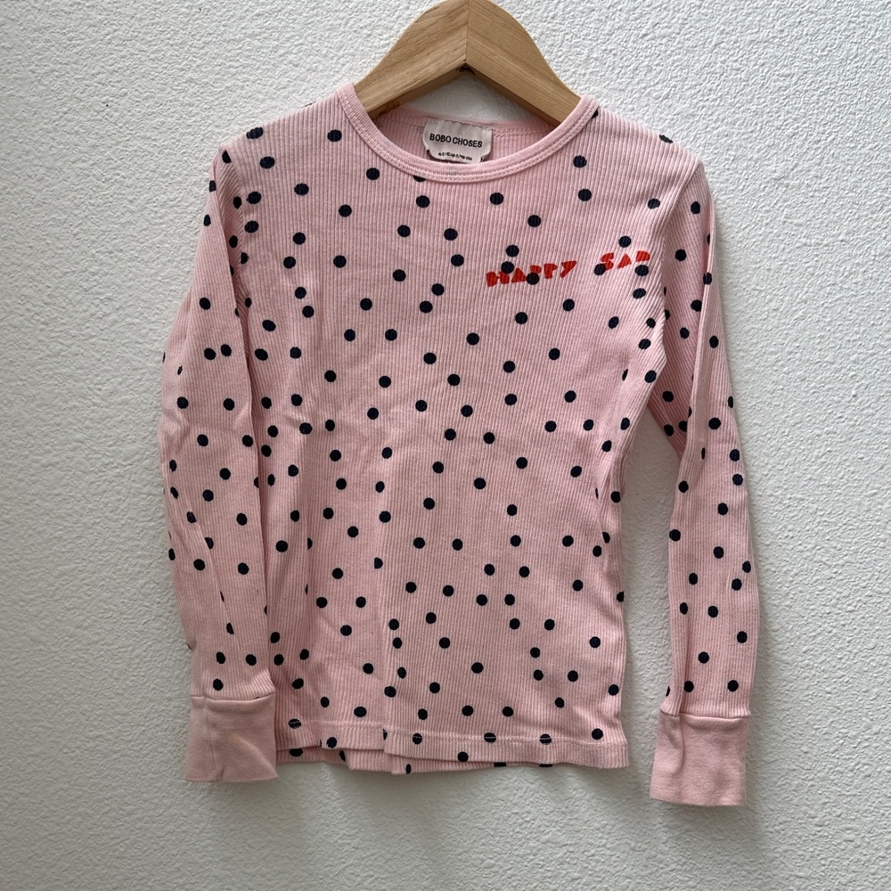 Bobo Choses Pink and navy Polka Dot Long Sleeve ribbed top